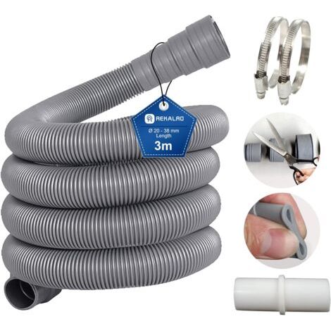 3 m langer Schmutzwasserablaufschlauch für Waschmaschinen mit Ablaufschlauchanschluss und 2 Klemmen. 20 mm Ablaufschlauchverlängerung für Waschmaschine und Geschirrspüler.