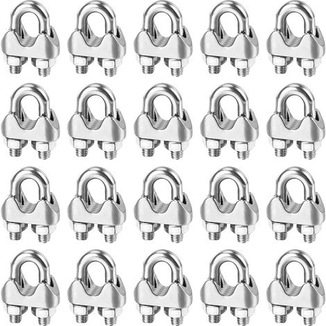 Serre Cable Acier M6 Serre-Câbles Métallique,U Boulon Clip de Câble Métalliques,20 Pièces Serre Cable Inox 6mm,Argent Serre-Câble Rotatif Fixation de Selle pour Clôtures de Jardin,Corde à Linge (1/5)
