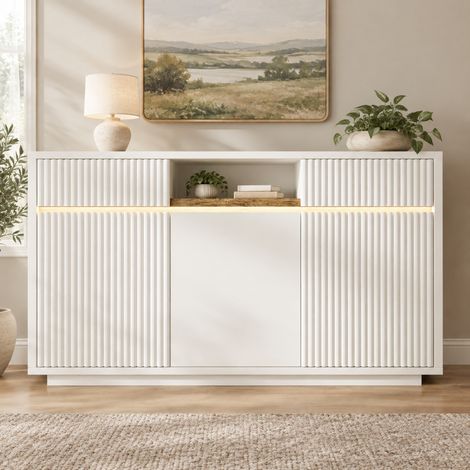 Credenza bianca con LED, 140 x 40 x 85 cm, 2 cassetti, 3 ante HAVRYA (1/5)
