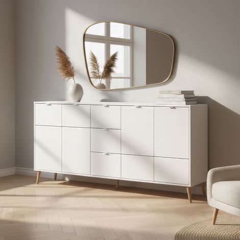 CALICOSY - Buffet 4 portes 3 tiroirs décor blanc et chêne L190 cm KLINT (1/5)