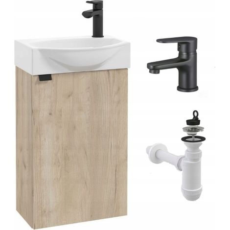 Badezimmer-Waschtisch mit Waschbecken – 40 x 22 cm – Wandmontage – Helle Eiche – Kompakt
