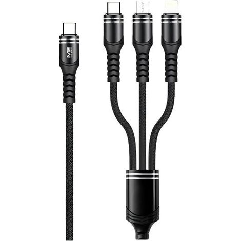 Câble 3-en-1 M2 TEC X141, 66 W, 5,1 A, 1,2 m, revêtement textile, charge rapide - Noir (1/2)