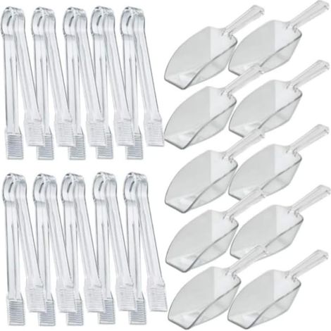 Juego de pinzas transparentes para hielo y cucharones (incluye 10 mini pinzas de plástico para comida y 10 cucharas de plástico). (1/5)