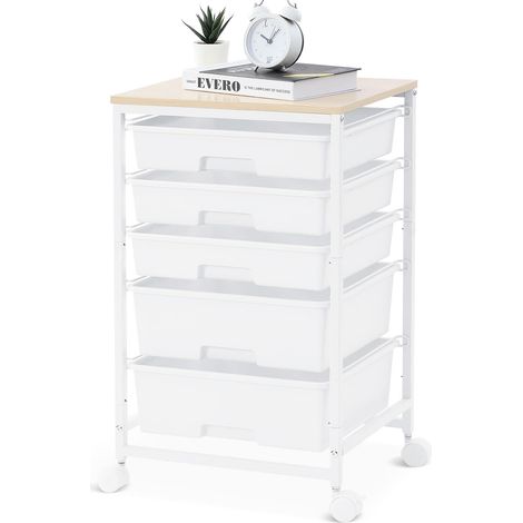 Chariot de rangement avec 5 tiroirs et plateau en bois, blanc Chariot à roulettes grande capacité mobile, structure en acier, pour cuisine, salon, chambre à coucher, bureau (1/5)