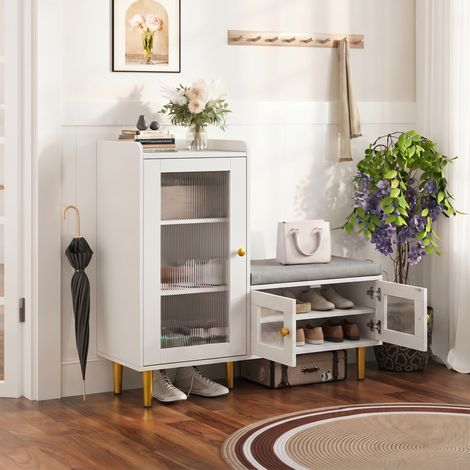 Scarpiera con seduta, mobile porta scarpe con 3 ante e maniglie dorate, 3 ripiani, cuscino e piedi dorati - Bianco