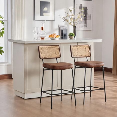 Tabouret de bar en simili cuir marron avec dossier en rotin lot (1/5)
