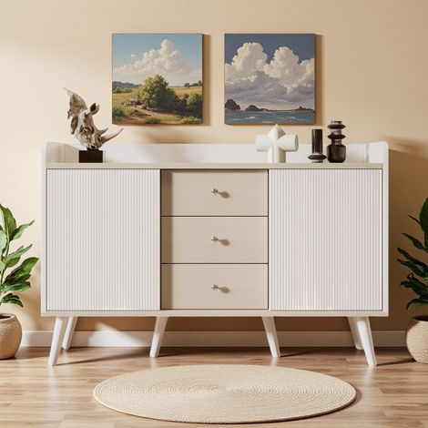 Buffet con 3 Cassetti e Porte Scorrevoli, Design Moderno in Legno con Ripiani di Stoccaggio, Ideale per Camera da Letto e Soggiorno - Bianco