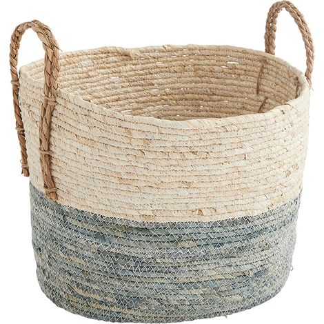 Panier de rangement - Paille torsadée - Bleu - 2 poignées - 39 x 33 x 27 cm - BOX & BEYOND (1/5)