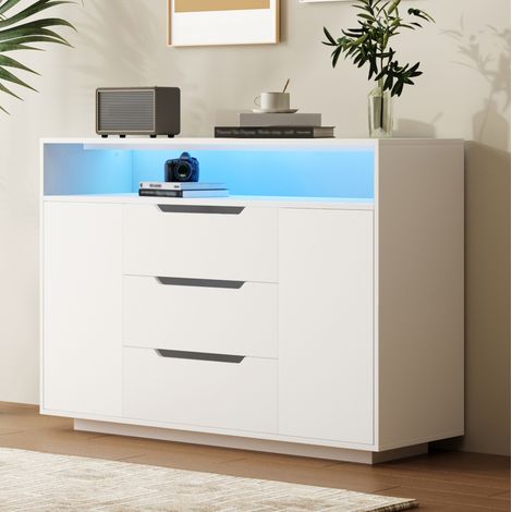 Buffet en bois d’ingénierie blanc mat 120x40x85 cm avec niche ouverte, 3 tiroirs et 2 portes (1/5)