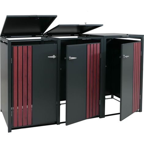[NON UTILIZZATO] Copribidone triplo HHG-340, copricassonetto con coperchio, metallo 122x200x84 cm 83 kg, antracite effetto legno scuro