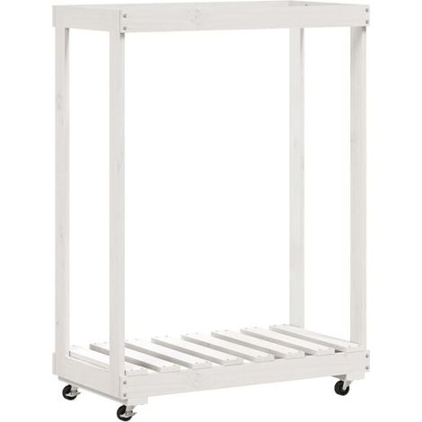 Cadre à bûches sur roues, blanc, 76,5 x 40 x 108 cm, bois de pin massif. (1/5)