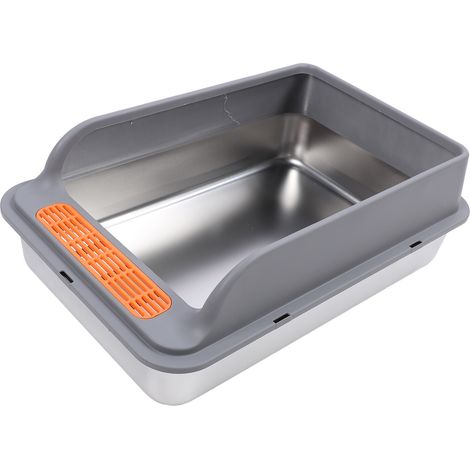 Grand bac à litière en métal, en acier inoxydable, anti-éclaboussures, à bords hauts, avec filtre à pédale, pour chats d'intérieur, gris foncé. (1/5)