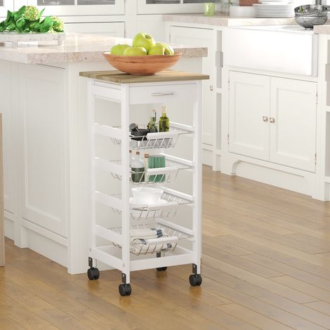 Chariot de service desserte à roulettes multi-rangements 4 paniers métal + tiroir bois de pin 37 x 37 x 82 cm blanc