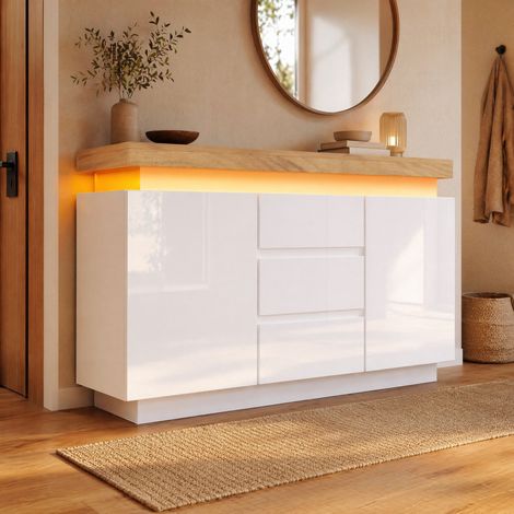 MEUBLIV Commode 140 x 39 x 81 cm blanche – LED et 2 portes 3 tiroirs (1/5)
