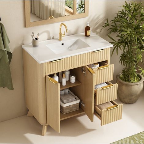 Mobile bagno con lavabo in ceramica 81 cm naturale con 3 cassetti e doppie ante (1/5)