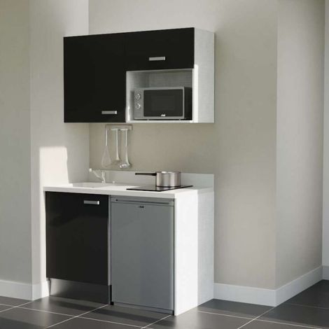 Kitchenette K07L - 120 cm - emplacements frigo top et micro-ondes-Noir-Snova-évier à gauche