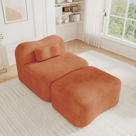 Canapé modulable une place sans cadre avec pouf, design ondulé, garnissage en mousse haute densité 32D, coussin de dossier amovible, tissu doux, idéal pour appartement, salon et chambre, orange (1/5)