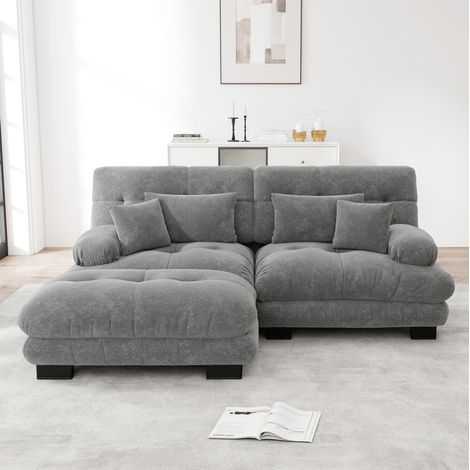 Divano angolare modulare in ciniglia grigia 220 x 145 x 81 cm con ottomana DESVIAE (1/5)