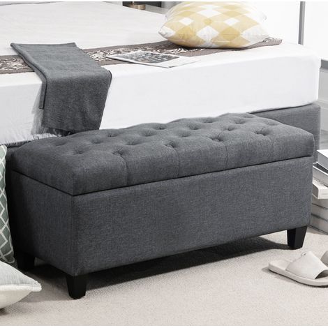 Banco arcón 100 x 40 x 44 cm con asiento capitoné, poliéster efecto lino gris oscuro HAVRYA (1/5)