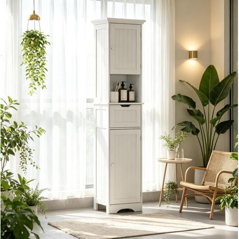 Mueble columna de baño LED con cajón, 2 puertas, armario estrecho blanco HAVRYA (1/5)