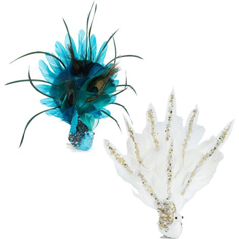 Set aus 2 künstlichen Pfauen mit glitzernden Federn, Weihnachtsbaumschmuck mit Clips und langem Schwanz, für Bastelarbeiten, Heimdekoration, Hochzeiten, Partys (blau und weiß). (1/2)