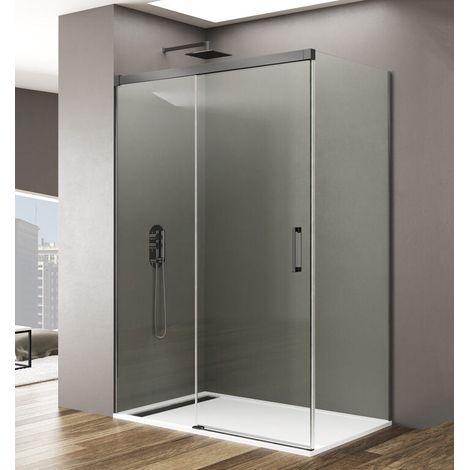 BASIC corner shower enclosure with sliding door, fixed front panel and fixed side panel, 100x80 cm, clear glass, titanium profiles (1/5)