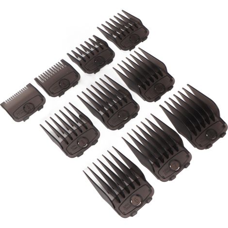 Lot de 10 sabots de coupe pour tondeuse à cheveux, entièrement compatibles avec les tondeuses professionnelles légères. Guides de coupe noirs. (1/5)