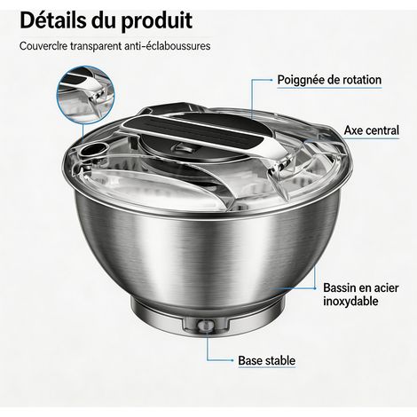 Essoreuse à salade manuelle en acier inoxydable 3,5 L, essoreuse à légumes avec panier amovible, rotation rapide sans électricité - Inox (1/5)