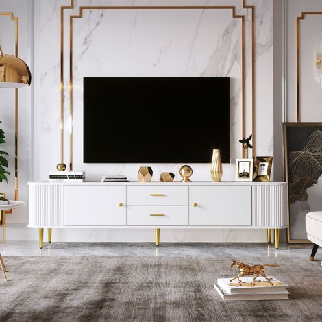 Meuble tv avec tiroirs coins arrondis côtés ondulés poignées et pieds dorés design élégant pour salon (1/5)