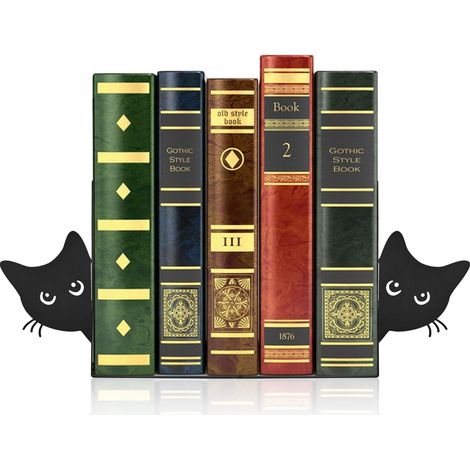 Lot de 2 serre-livres en métal avec chat qui regarde - 18 x 15 x 8 cm - Noir - Décoration de bibliothèque - Pour la maison, le bureau, l'école, les amoureux des chats (1/5)