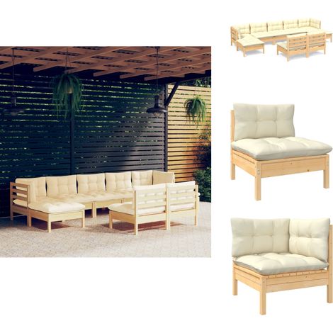 9-tlg. Garten-Lounge-Set mit Creme Kissen Kiefernholz - Gartensessel - Lounge Set - Gartenmöbel - Outdoor Möbel - Rattan Sessel (1/5)