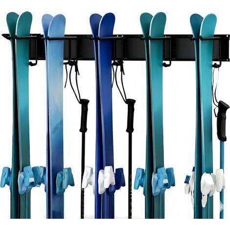 Kit de Support de Rangement à Skis pour 10 Paires Snowboards, 5Crochets, Support Mural Skis pour Maison Garage, Jusqu'à 300 LBS (1/5)