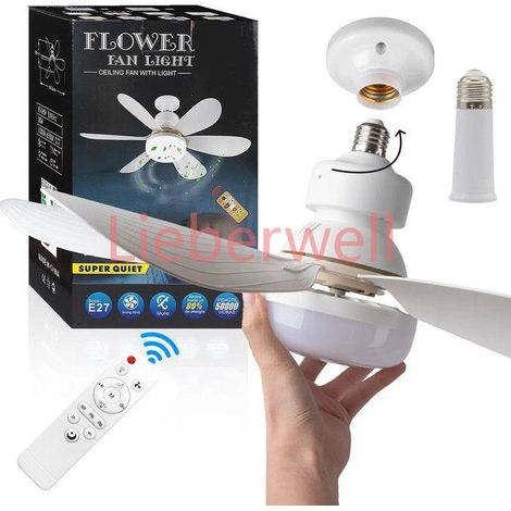 Ventilateur de Plafond avec Éclairage, 40W 52 cm, 6 Pales Noires, Tige d’Extension 95 mm, Base Incluse, Ventilateur Plafond,Blanc (1/5)