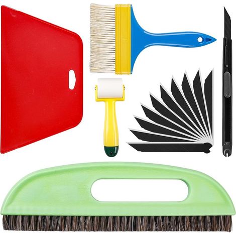 Lot de 6 outils de tapisserie, kit complet incluant brosse à tapisser, outils de tapissage, rouleaux, outil de coupe, outil de lissage de papier peint, set de papier peint pour contact adhésif (1/5)