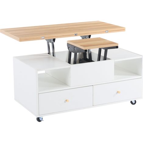 Table basse relevable avec fonction pliante et 4 tiroirs, 100 x 50 x 47,5 cm, plateau en MDF effet bois naturel, roulettes universelles (1/5)