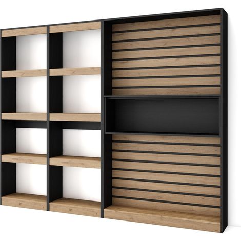 Skraut Home - Libreria scaffale, Scaffali in legno a ripiani, 230x186x25cm, Soggiorno - Ufficio, Per libri, Stile moderno, Rovere e nero (1/5)
