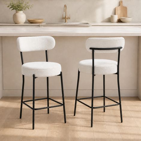 Lot 2 tabourets bar tissu bouclette dossier courbé repose-pieds 49x52x95 crème (1/5)