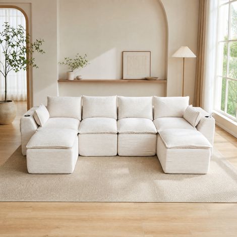 Divano modulare in corduroy beige con tasche laterali OKMYHOME (1/5)