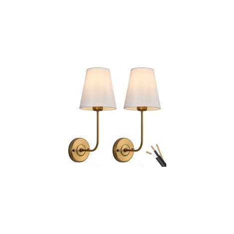 Lot de 2 appliques murales vintage en laiton antiqueAbat-jour en tissu blancInstallation câblée recommandéeCompatible ampoules LED (1/5)