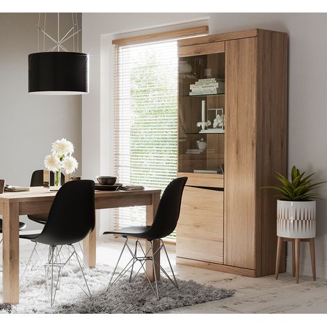 Esszimmer Set Ausziehtisch und Vitrinenschrank mit Beleuchtung SANFORD-129 in Eiche hell Nb. (1/5)