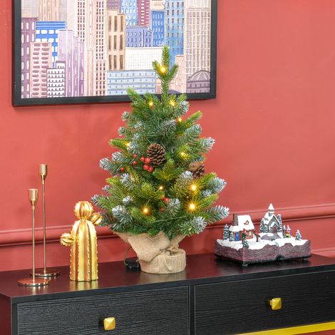 Sapin de Noël 60 cm arbre de Noël de table avec lumière LED, 141 pointes, pommes de pin et baies rouges, base en béton (1/5)