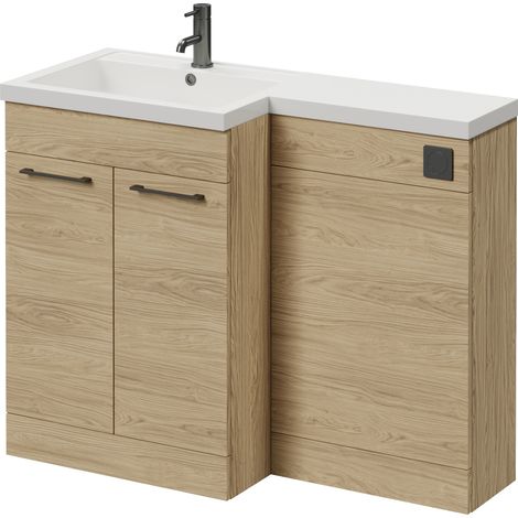 Napoli 460 Light Oak 1100mm 2 Door Vanity Unit Toilet Suite with Left Hand Square Lucia Basin - 1100mm - Gunmetal Grey 160mm HandleWithout Kingston Toilet Pan