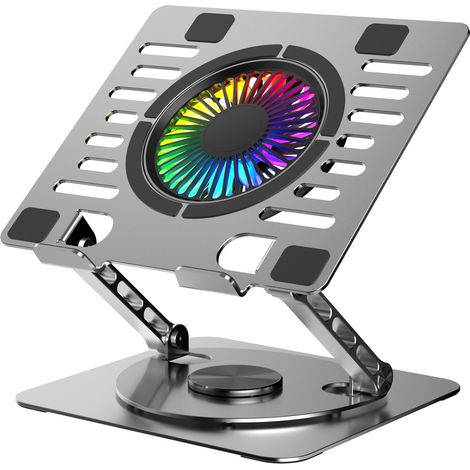 NÖRDIC Laptop-Halterung mit RGB-Lüfter, drehbarem Fuß und 2 USB-Anschlüssen, Silber (1/4)