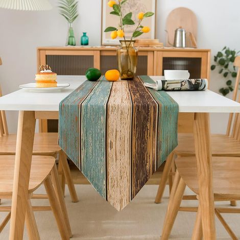Chemin de table vert moderne pour salon, napperons en lin antique effet bois, ensemble de napperons bleu-beige-marron pour table à manger, fête, mariage, 33 x 183 cm (1/5)