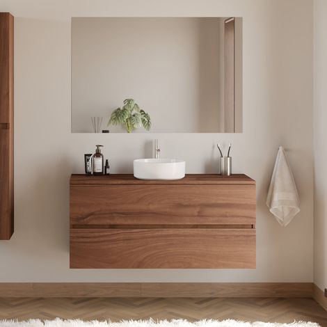 Meuble de salle de bain 120cm avec plateau et vasque à poser ronde - 2 tiroirs - noyer (bois foncé) - IDA (1/5)