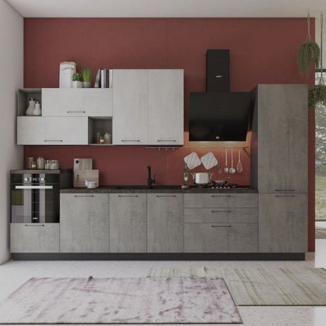 Cucina completa con elettrodomestici colore antracite e cemento 360 cm destra - Pola