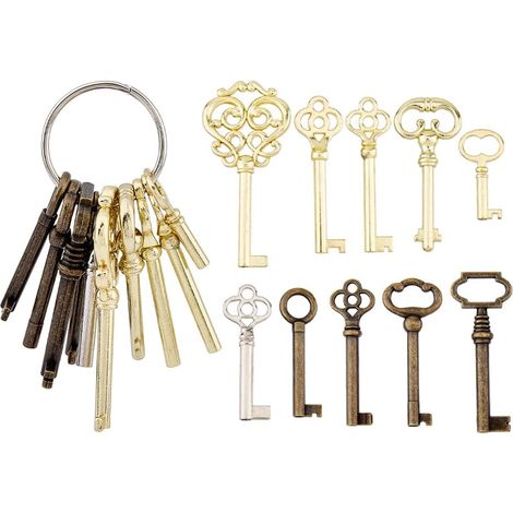 Lot de 10 clés squelettes en alliage vintage pour meubles anciens, meubles antiques, portes d'armoire, horloges, armoires ou portes de style ancien (1/5)