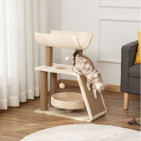 Albero per gatti multifunzione 60 x 30 x 76 cm con gioco e cestino, naturale DESVIAE (1/5)