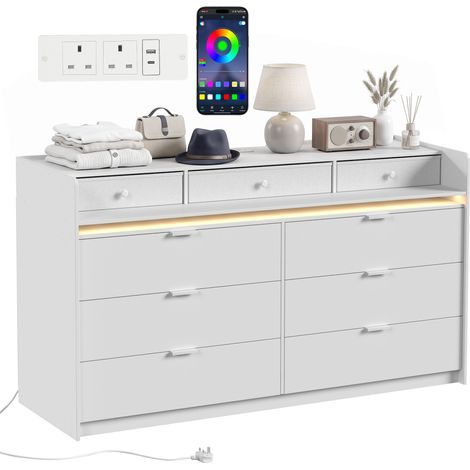HOMCOM Chest of Drawers for Bedroom with LED Light & Charging Station, White (1/5)