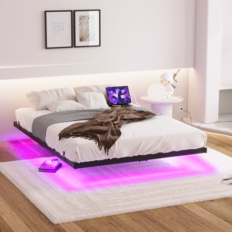 Cadre de lit flottant 120x200 cm avec sommier intégré, éclairage LED et station de recharge, structure en métal robuste et stable, montage simple, noir